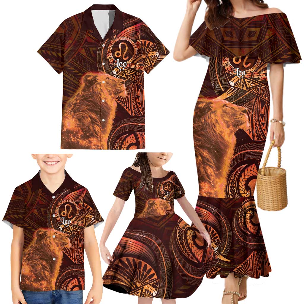 Personalised Polynesia Zodiac Leo Family Matching Mermaid Dress and Hawaiian Shirt Galaxy Polynesian Pattern Chest Tattoo Style