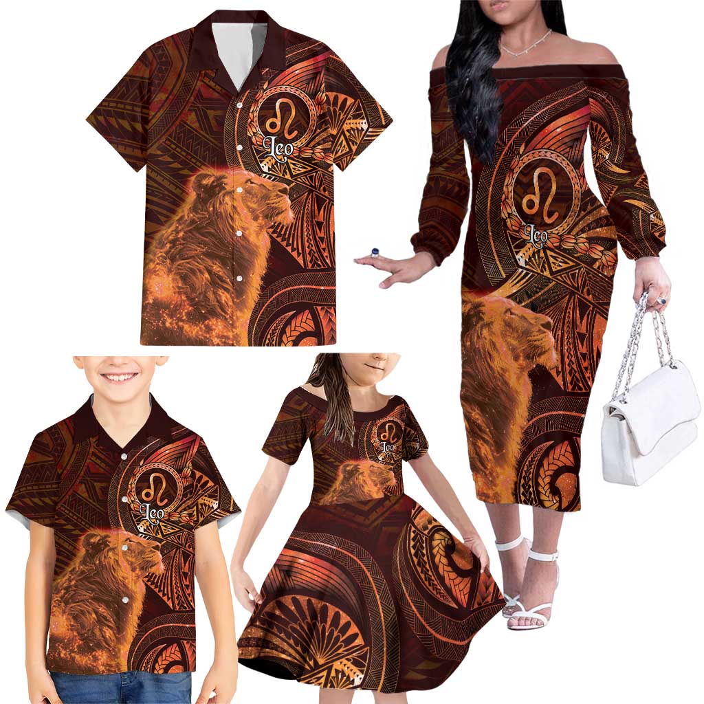Personalised Polynesia Zodiac Leo Family Matching Off The Shoulder Long Sleeve Dress and Hawaiian Shirt Galaxy Polynesian Pattern Chest Tattoo Style LT14 - Polynesian Pride