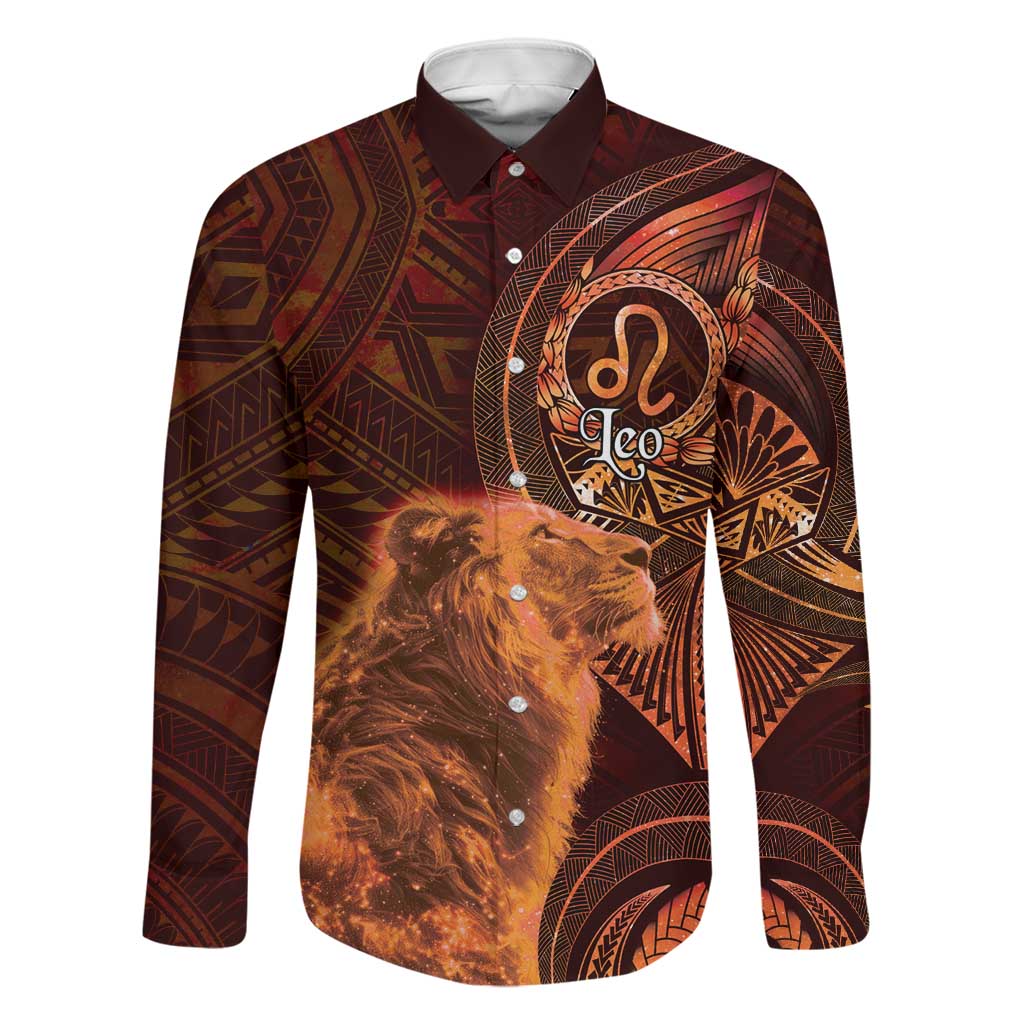 Personalised Polynesia Zodiac Leo Family Matching Off The Shoulder Long Sleeve Dress and Hawaiian Shirt Galaxy Polynesian Pattern Chest Tattoo Style LT14 Dad's Shirt - Long Sleeve Orange - Polynesian Pride