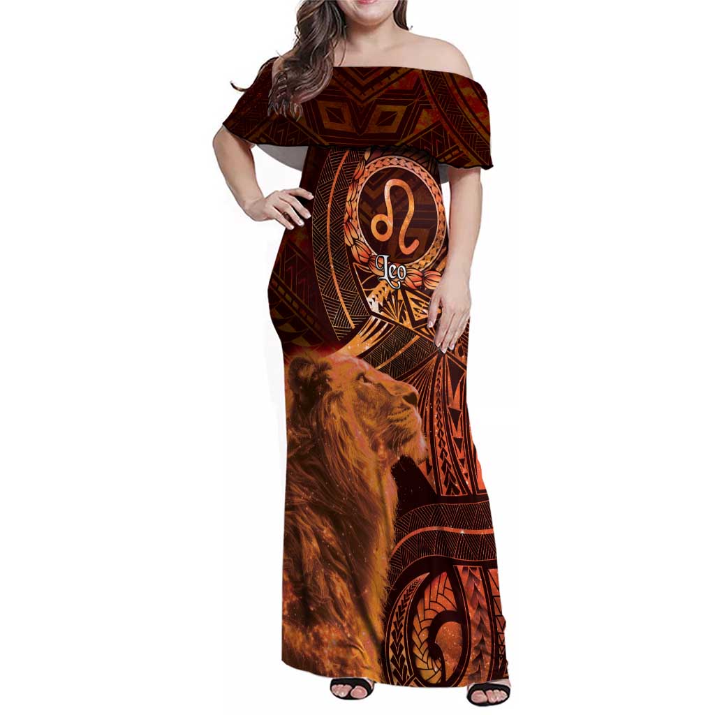 Personalised Polynesia Zodiac Leo Family Matching Off Shoulder Maxi Dress and Hawaiian Shirt Galaxy Polynesian Pattern Chest Tattoo Style LT14 Mom's Dress Orange - Polynesian Pride