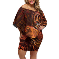 Personalised Polynesia Zodiac Leo Family Matching Off Shoulder Short Dress and Hawaiian Shirt Galaxy Polynesian Pattern Chest Tattoo Style LT14 Mom's Dress Orange - Polynesian Pride