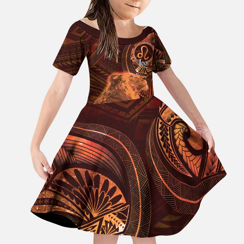 Personalised Polynesia Zodiac Leo Family Matching Short Sleeve Bodycon Dress and Hawaiian Shirt Galaxy Polynesian Pattern Chest Tattoo Style LT14 Daughter's Dress Orange - Polynesian Pride