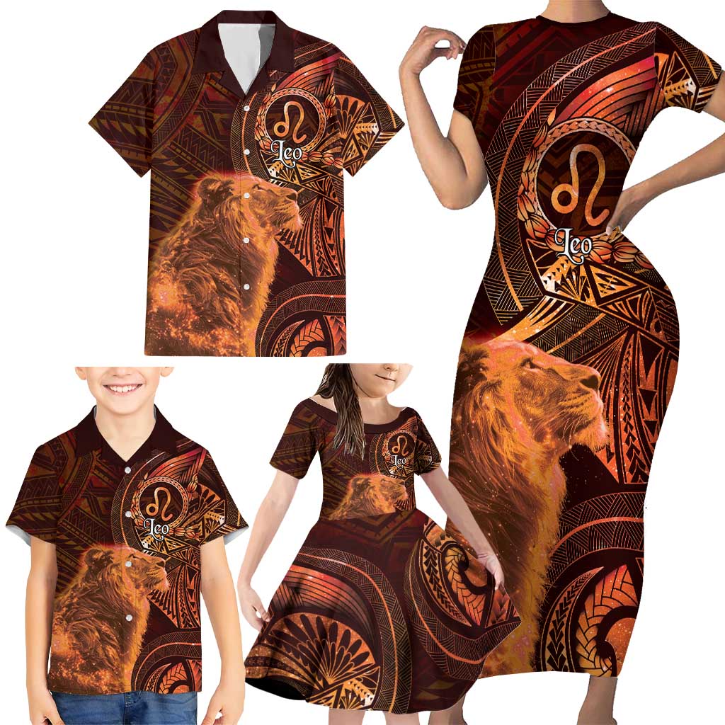Personalised Polynesia Zodiac Leo Family Matching Short Sleeve Bodycon Dress and Hawaiian Shirt Galaxy Polynesian Pattern Chest Tattoo Style LT14 - Polynesian Pride