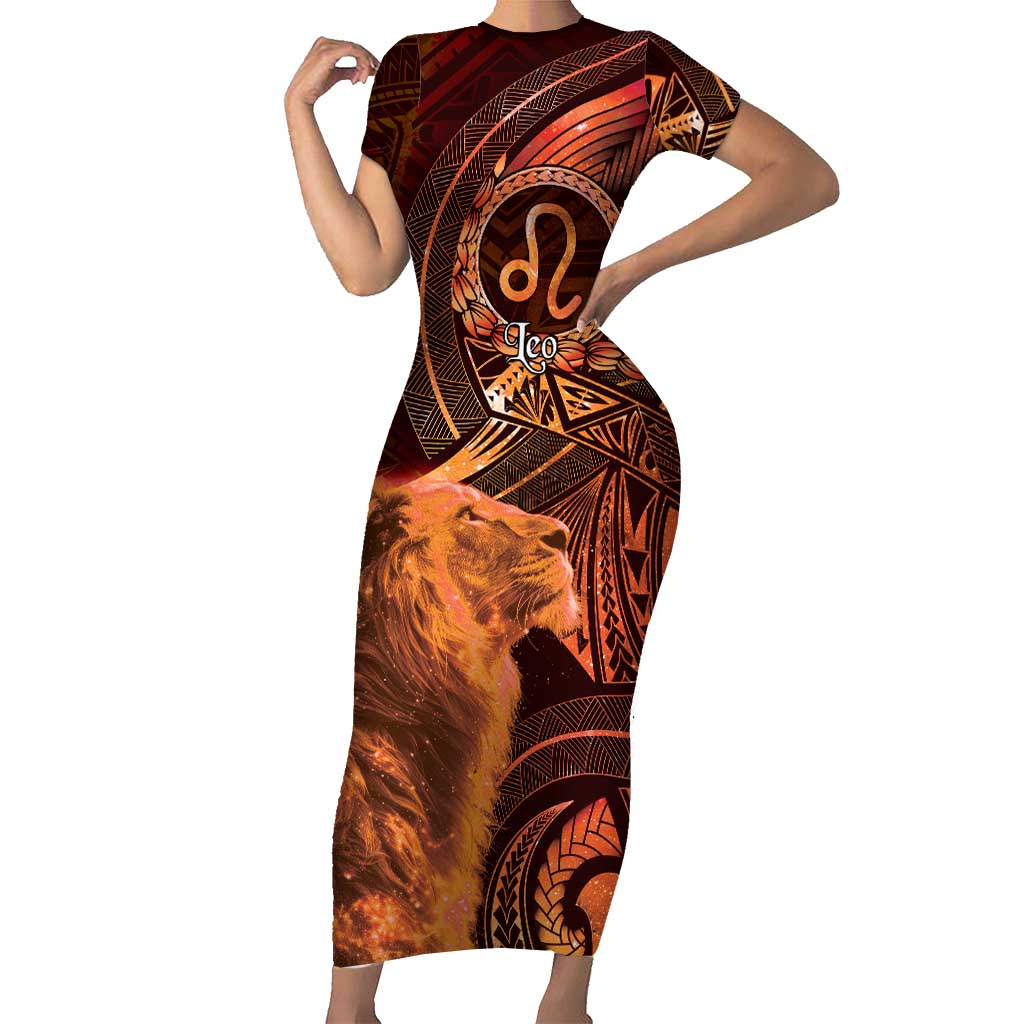 Personalised Polynesia Zodiac Leo Family Matching Short Sleeve Bodycon Dress and Hawaiian Shirt Galaxy Polynesian Pattern Chest Tattoo Style LT14 Mom's Dress Orange - Polynesian Pride