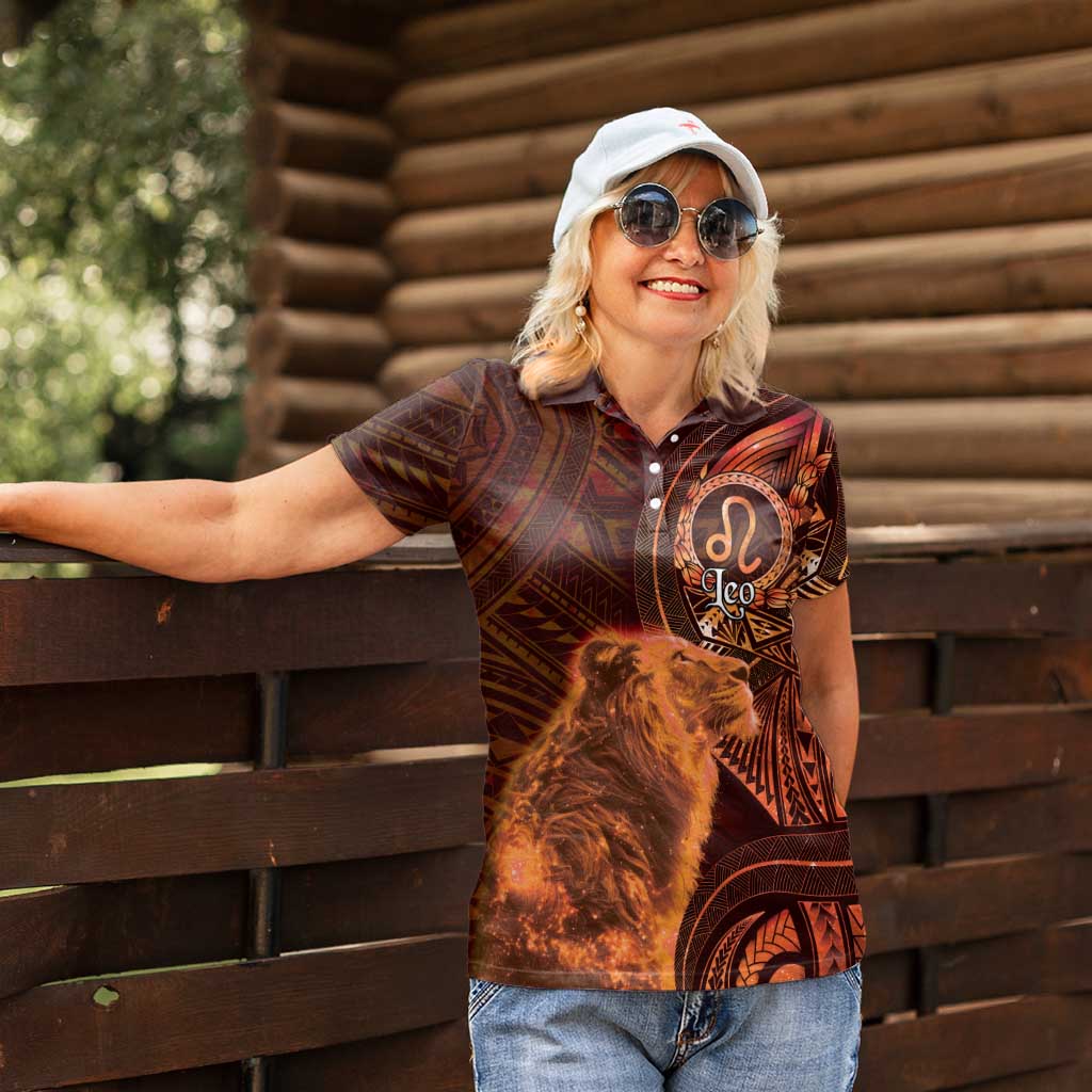 Personalised Polynesia Zodiac Leo Women Polo Shirt Galaxy Polynesian Pattern Chest Tattoo Style