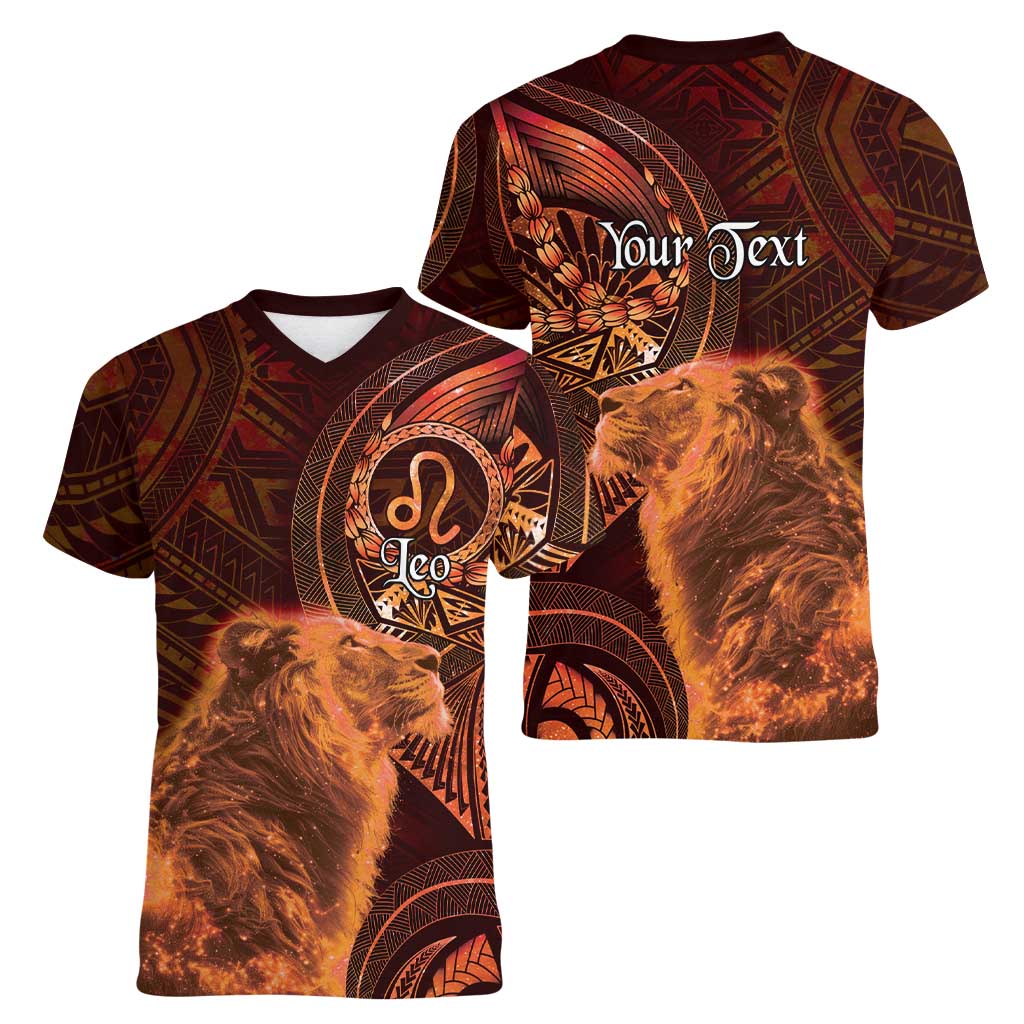 Personalised Polynesia Zodiac Leo Women V-Neck T-Shirt Galaxy Polynesian Pattern Chest Tattoo Style