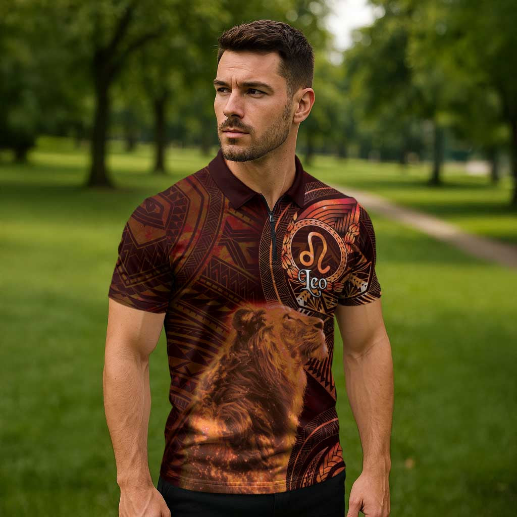 Personalised Polynesia Zodiac Leo Zipper Polo Shirt Galaxy Polynesian Pattern Chest Tattoo Style LT14 - Polynesian Pride