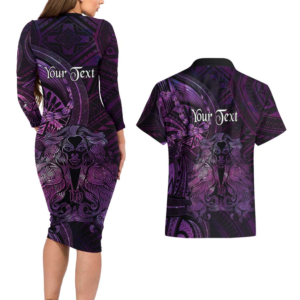 Personalised Polynesia Zodiac Virgo Couples Matching Long Sleeve Bodycon Dress and Hawaiian Shirt Galaxy Polynesian Pattern Chest Tattoo Style