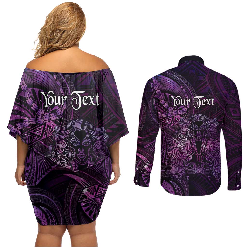 Personalised Polynesia Zodiac Virgo Couples Matching Off Shoulder Short Dress and Long Sleeve Button Shirt Galaxy Polynesian Pattern Chest Tattoo Style