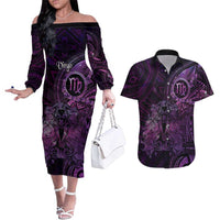 Personalised Polynesia Zodiac Virgo Couples Matching Off The Shoulder Long Sleeve Dress and Hawaiian Shirt Galaxy Polynesian Pattern Chest Tattoo Style LT14 Purple - Polynesian Pride