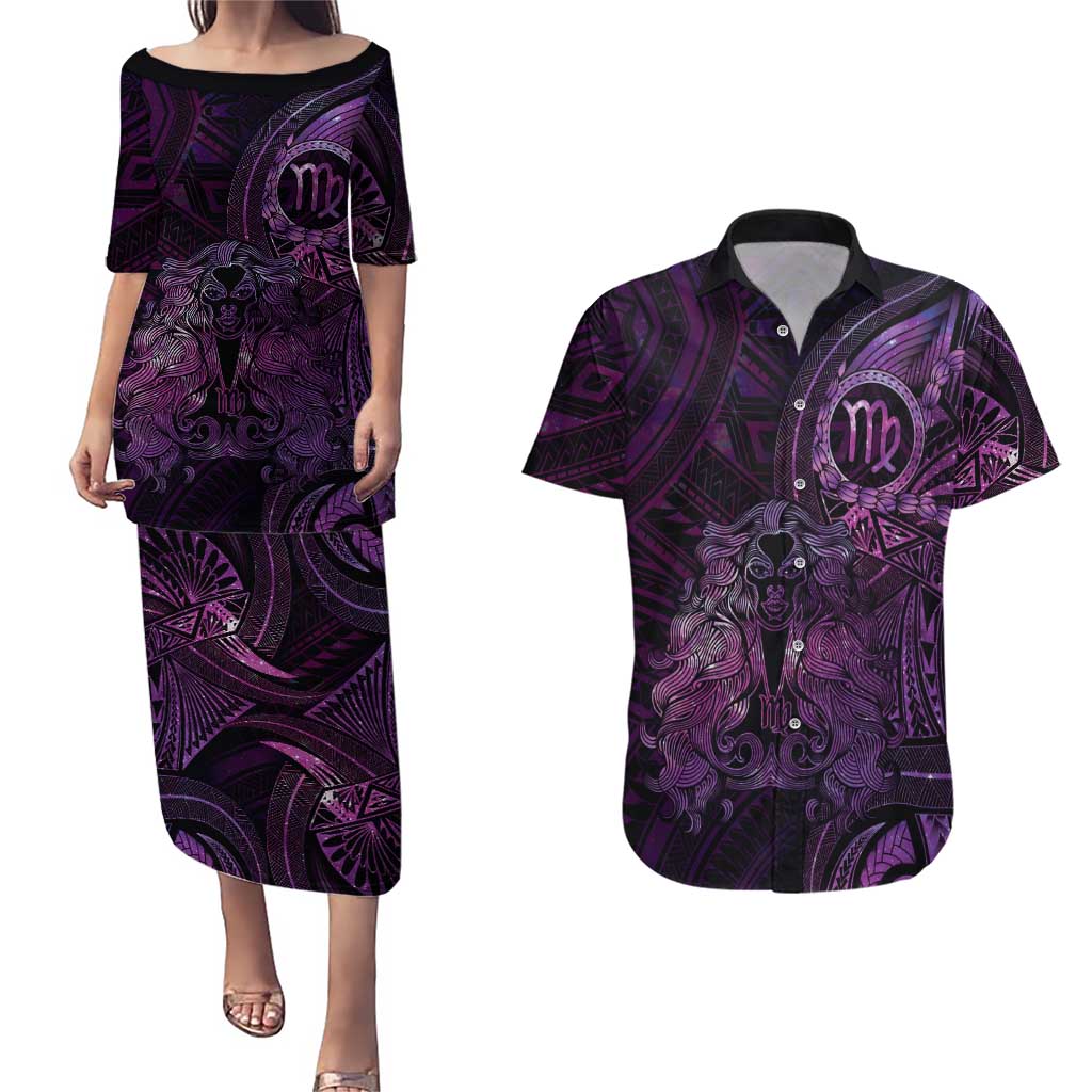 Personalised Polynesia Zodiac Virgo Couples Matching Puletasi and Hawaiian Shirt Galaxy Polynesian Pattern Chest Tattoo Style
