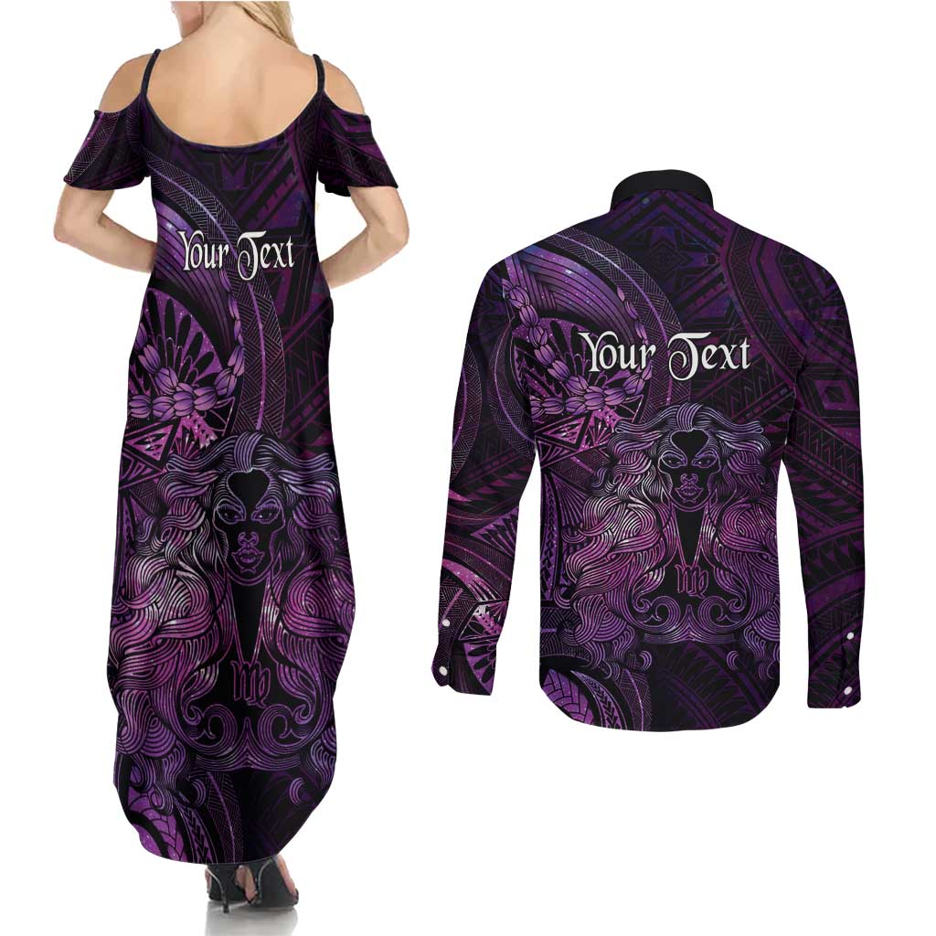 Personalised Polynesia Zodiac Virgo Couples Matching Summer Maxi Dress and Long Sleeve Button Shirt Galaxy Polynesian Pattern Chest Tattoo Style