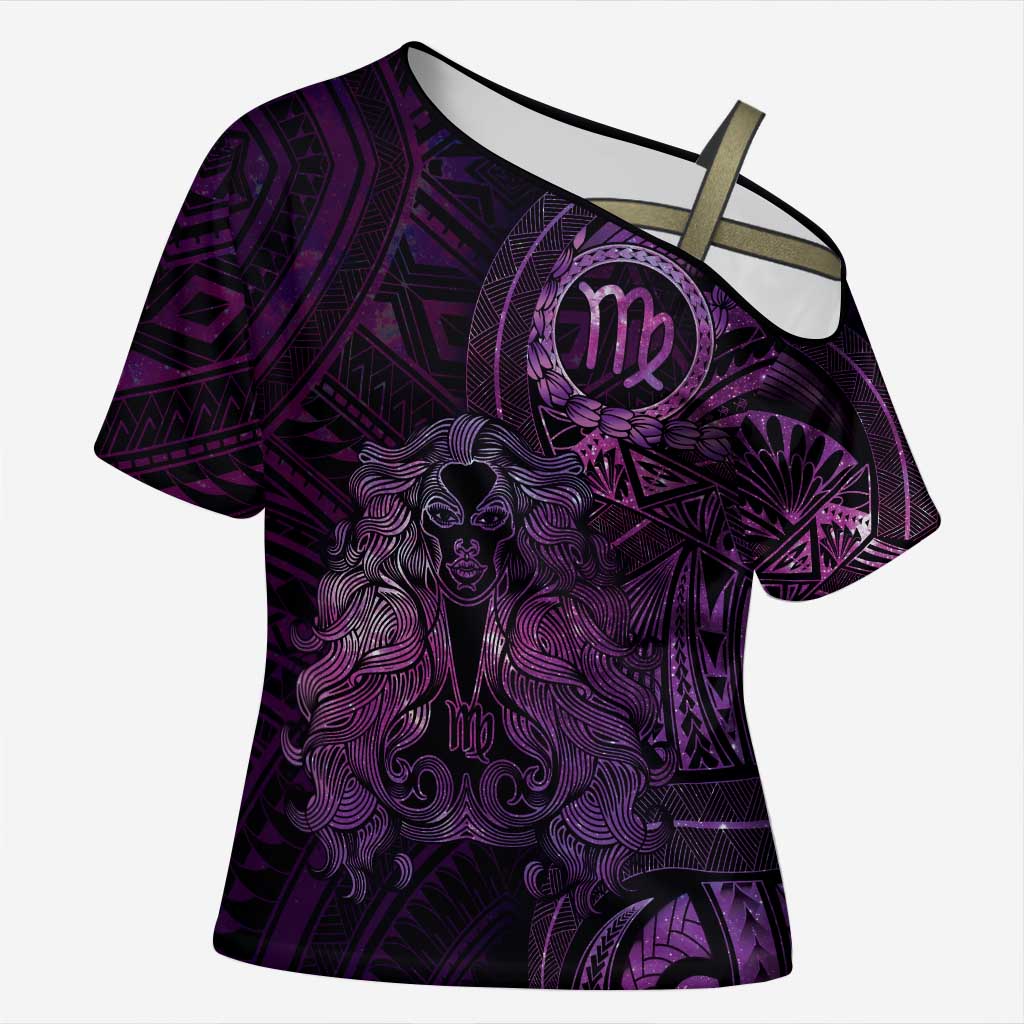Personalised Polynesia Zodiac Virgo Cross Shoulder Shirt Galaxy Polynesian Pattern Chest Tattoo Style LT14 Female Purple - Polynesian Pride