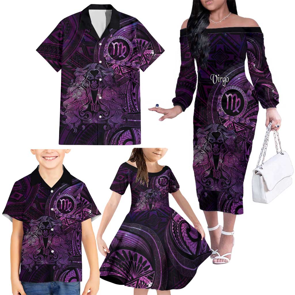 Personalised Polynesia Zodiac Virgo Family Matching Off The Shoulder Long Sleeve Dress and Hawaiian Shirt Galaxy Polynesian Pattern Chest Tattoo Style LT14 - Polynesian Pride