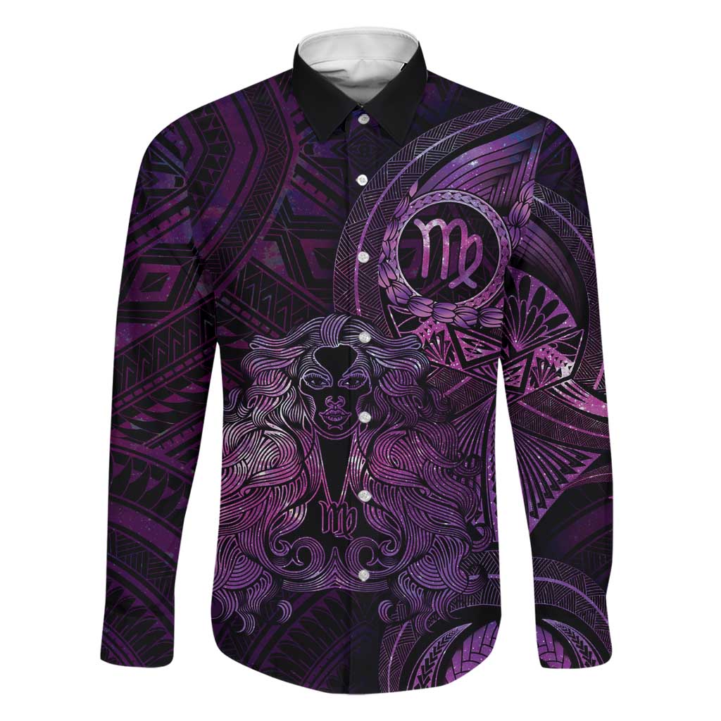 Personalised Polynesia Zodiac Virgo Family Matching Off Shoulder Short Dress and Hawaiian Shirt Galaxy Polynesian Pattern Chest Tattoo Style LT14 Dad's Shirt - Long Sleeve Purple - Polynesian Pride