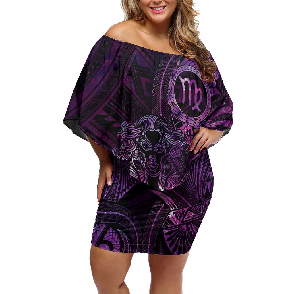 Personalised Polynesia Zodiac Virgo Family Matching Off Shoulder Short Dress and Hawaiian Shirt Galaxy Polynesian Pattern Chest Tattoo Style LT14 Mom's Dress Purple - Polynesian Pride