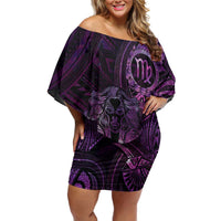 Personalised Polynesia Zodiac Virgo Family Matching Off Shoulder Short Dress and Hawaiian Shirt Galaxy Polynesian Pattern Chest Tattoo Style LT14 Mom's Dress Purple - Polynesian Pride