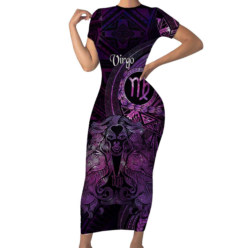 Personalised Polynesia Zodiac Virgo Family Matching Short Sleeve Bodycon Dress and Hawaiian Shirt Galaxy Polynesian Pattern Chest Tattoo Style LT14 Mom's Dress Purple - Polynesian Pride