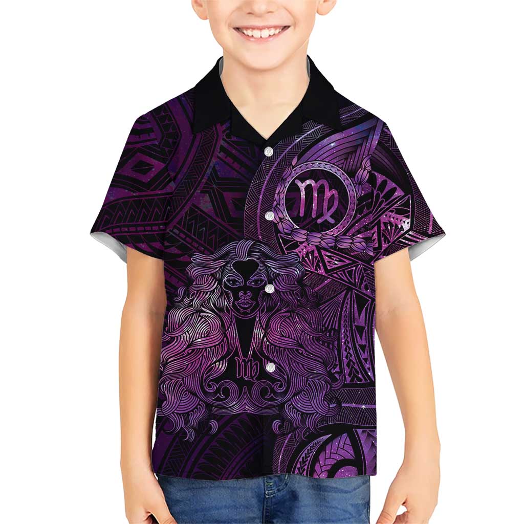 Personalised Polynesia Zodiac Virgo Kid Hawaiian Shirt Galaxy Polynesian Pattern Chest Tattoo Style LT14 Kid Purple - Polynesian Pride