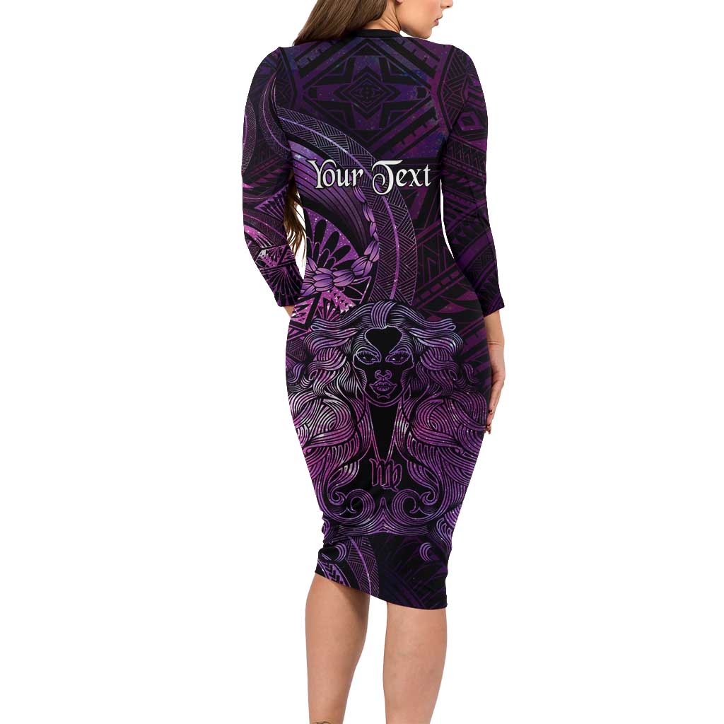Personalised Polynesia Zodiac Virgo Long Sleeve Bodycon Dress Galaxy Polynesian Pattern Chest Tattoo Style LT14 - Polynesian Pride