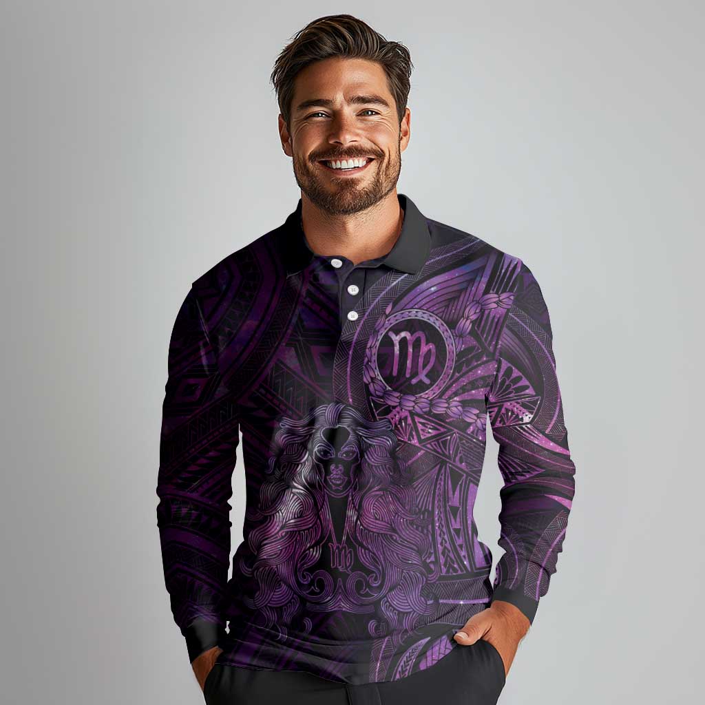 Personalised Polynesia Zodiac Virgo Long Sleeve Polo Shirt Galaxy Polynesian Pattern Chest Tattoo Style