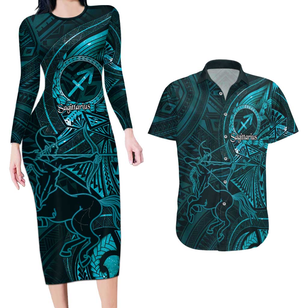 Personalised Polynesia Zodiac Sagittarius Couples Matching Long Sleeve Bodycon Dress and Hawaiian Shirt Galaxy Polynesian Pattern Chest Tattoo Style