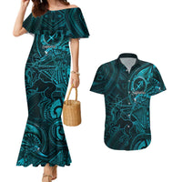 Personalised Polynesia Zodiac Sagittarius Couples Matching Mermaid Dress and Hawaiian Shirt Galaxy Polynesian Pattern Chest Tattoo Style