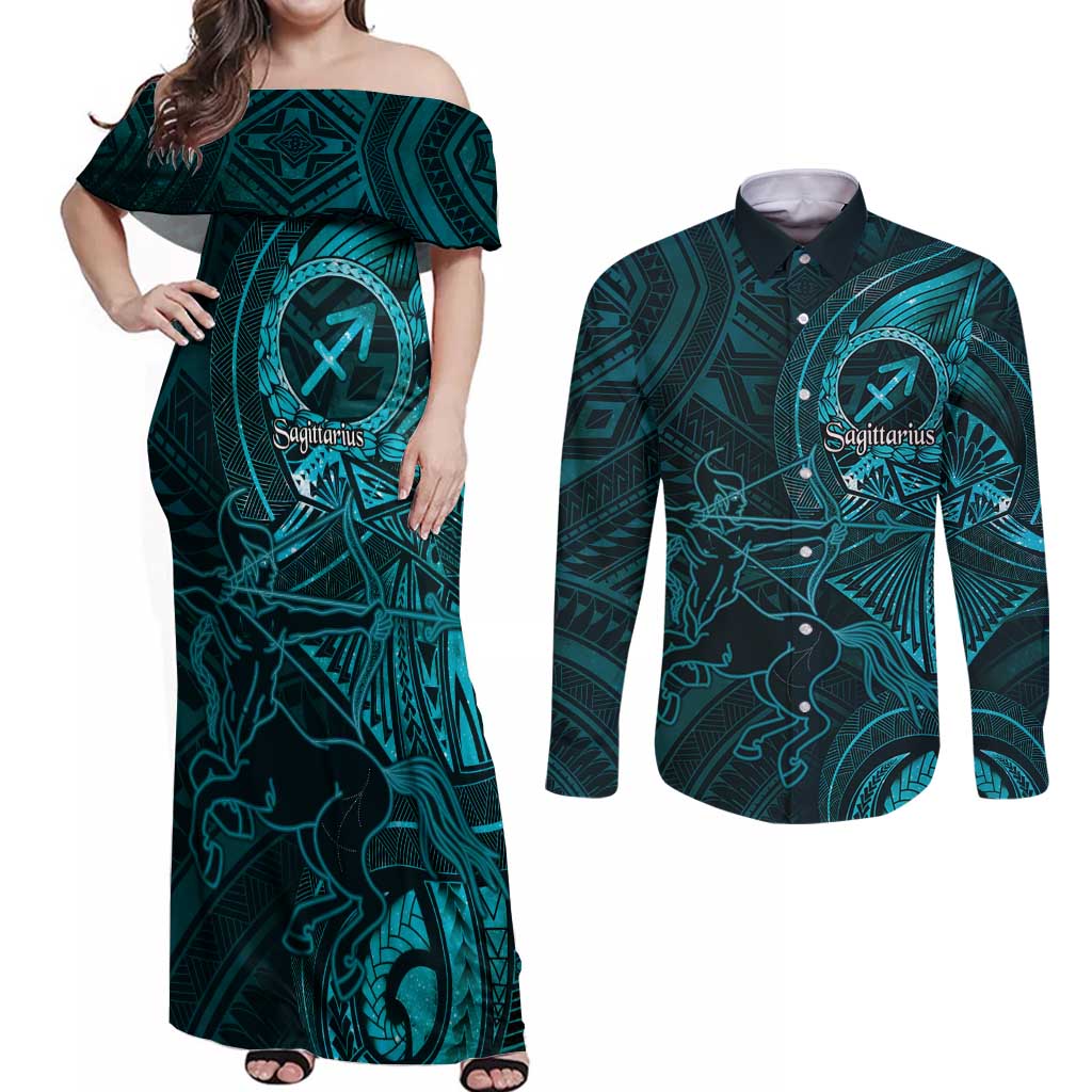 Personalised Polynesia Zodiac Sagittarius Couples Matching Off Shoulder Maxi Dress and Long Sleeve Button Shirt Galaxy Polynesian Pattern Chest Tattoo Style