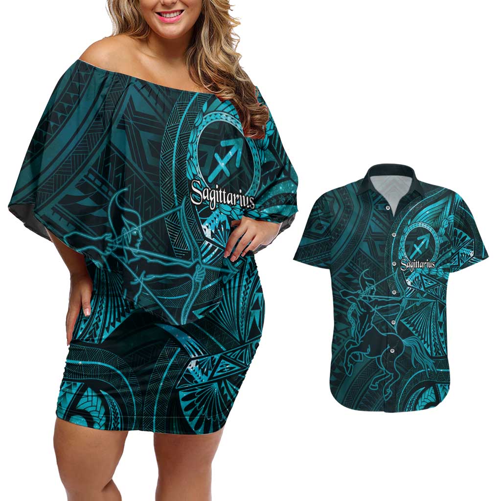 Personalised Polynesia Zodiac Sagittarius Couples Matching Off Shoulder Short Dress and Hawaiian Shirt Galaxy Polynesian Pattern Chest Tattoo Style
