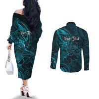 Personalised Polynesia Zodiac Sagittarius Couples Matching Off The Shoulder Long Sleeve Dress and Long Sleeve Button Shirt Galaxy Polynesian Pattern Chest Tattoo Style