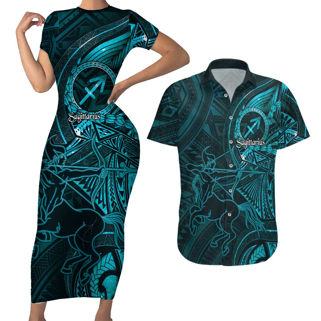 Personalised Polynesia Zodiac Sagittarius Couples Matching Short Sleeve Bodycon Dress and Hawaiian Shirt Galaxy Polynesian Pattern Chest Tattoo Style