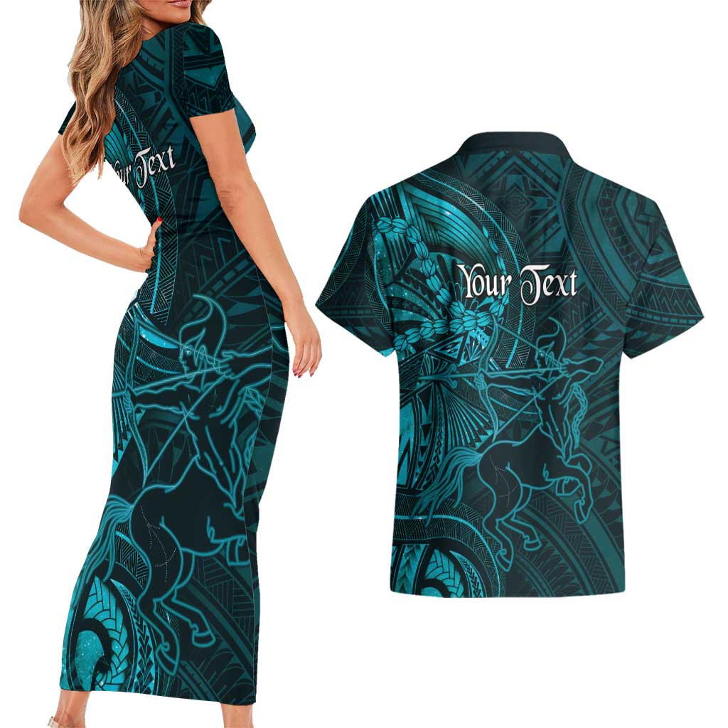 Personalised Polynesia Zodiac Sagittarius Couples Matching Short Sleeve Bodycon Dress and Hawaiian Shirt Galaxy Polynesian Pattern Chest Tattoo Style