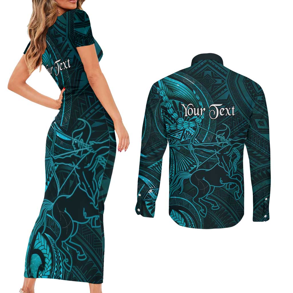 Personalised Polynesia Zodiac Sagittarius Couples Matching Short Sleeve Bodycon Dress and Long Sleeve Button Shirt Galaxy Polynesian Pattern Chest Tattoo Style