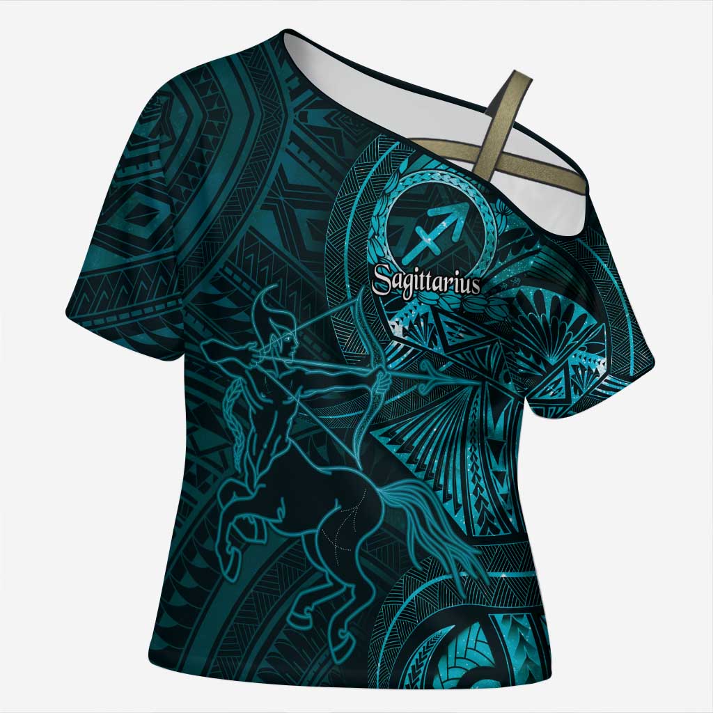Personalised Polynesia Zodiac Sagittarius Cross Shoulder Shirt Galaxy Polynesian Pattern Chest Tattoo Style