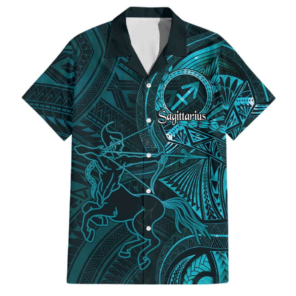 Personalised Polynesia Zodiac Sagittarius Family Matching Mermaid Dress and Hawaiian Shirt Galaxy Polynesian Pattern Chest Tattoo Style LT14 Dad's Shirt - Short Sleeve Cyan - Polynesian Pride