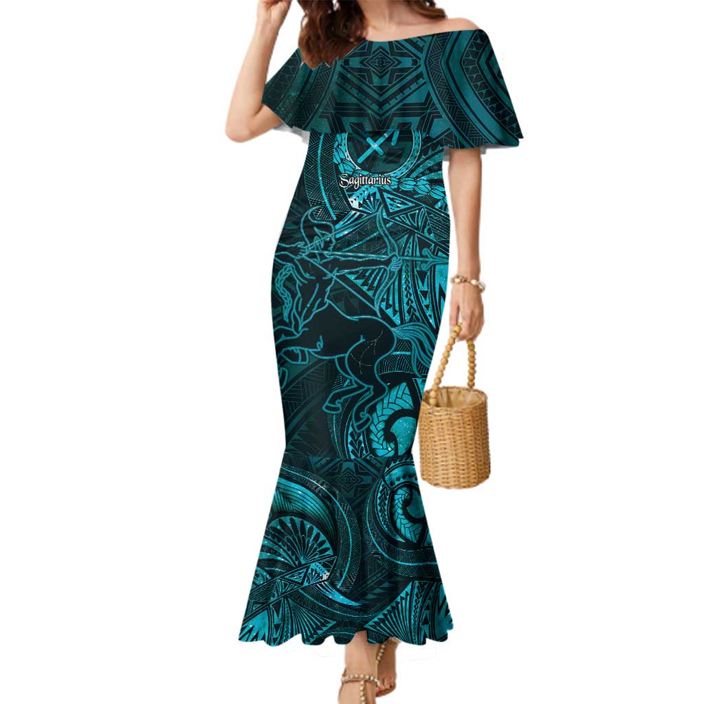 Personalised Polynesia Zodiac Sagittarius Family Matching Mermaid Dress and Hawaiian Shirt Galaxy Polynesian Pattern Chest Tattoo Style LT14 Mom's Dress Cyan - Polynesian Pride