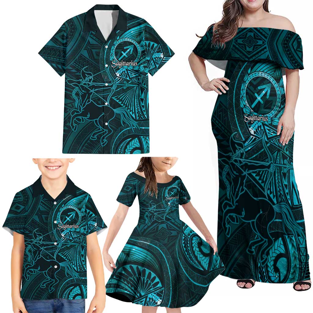 Personalised Polynesia Zodiac Sagittarius Family Matching Off Shoulder Maxi Dress and Hawaiian Shirt Galaxy Polynesian Pattern Chest Tattoo Style LT14 - Polynesian Pride