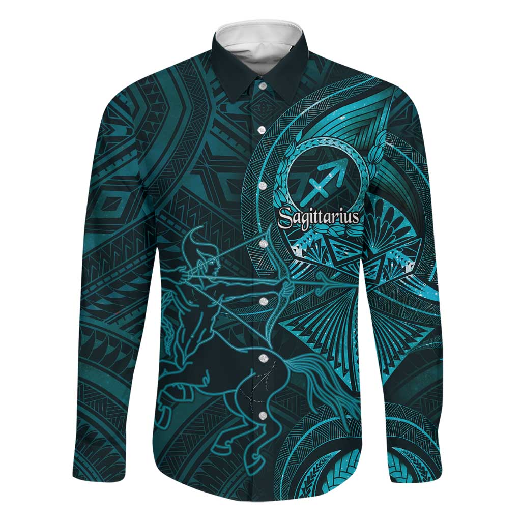 Personalised Polynesia Zodiac Sagittarius Family Matching Off Shoulder Maxi Dress and Hawaiian Shirt Galaxy Polynesian Pattern Chest Tattoo Style LT14 Dad's Shirt - Long Sleeve Cyan - Polynesian Pride