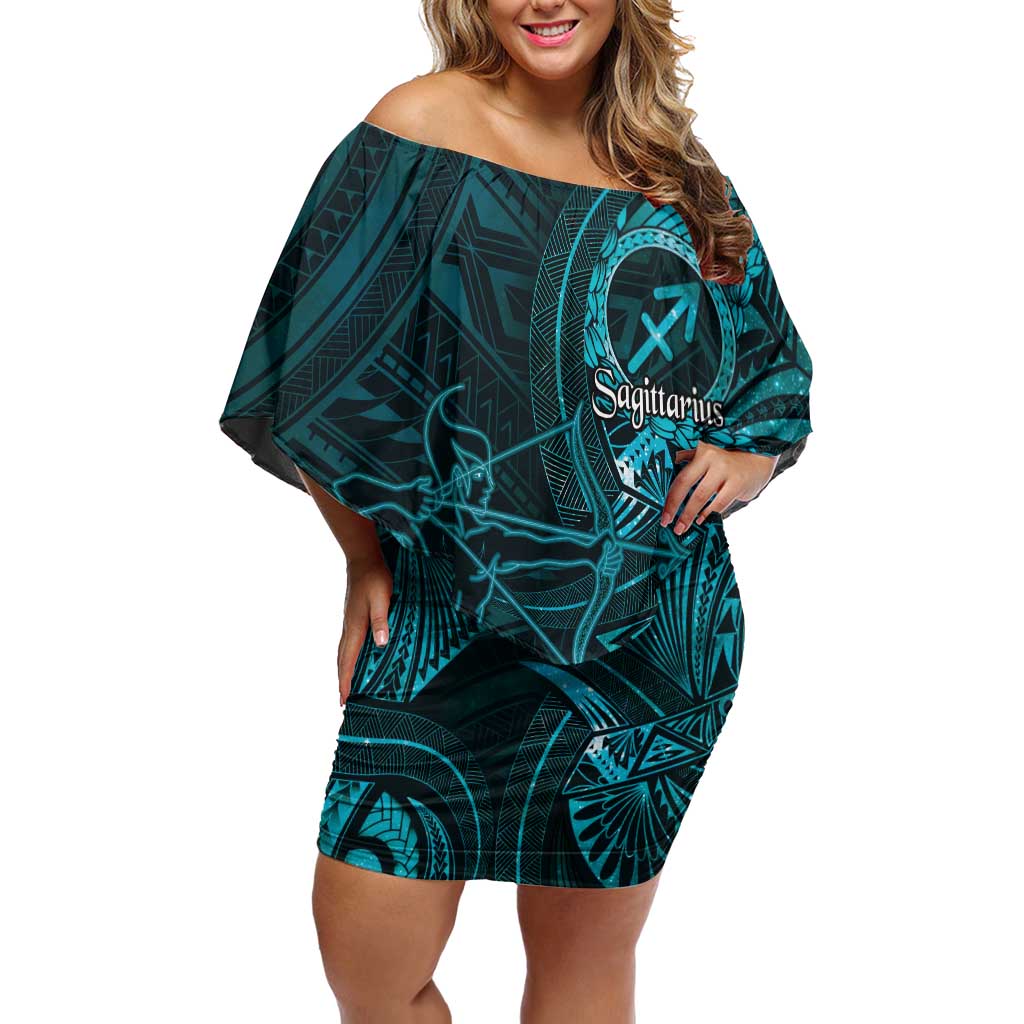 Personalised Polynesia Zodiac Sagittarius Family Matching Off Shoulder Short Dress and Hawaiian Shirt Galaxy Polynesian Pattern Chest Tattoo Style LT14 Mom's Dress Cyan - Polynesian Pride