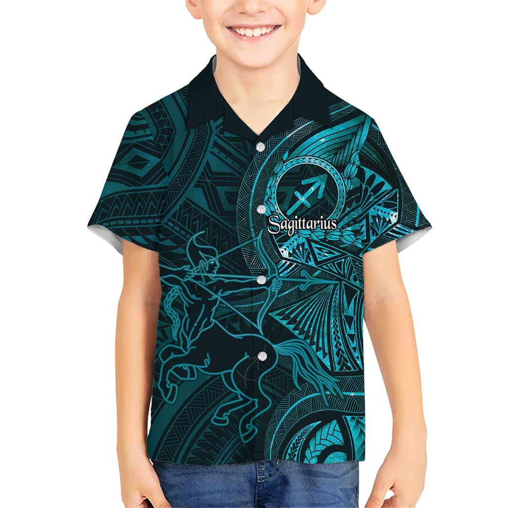 Personalised Polynesia Zodiac Sagittarius Family Matching Off Shoulder Short Dress and Hawaiian Shirt Galaxy Polynesian Pattern Chest Tattoo Style LT14 Son's Shirt Cyan - Polynesian Pride