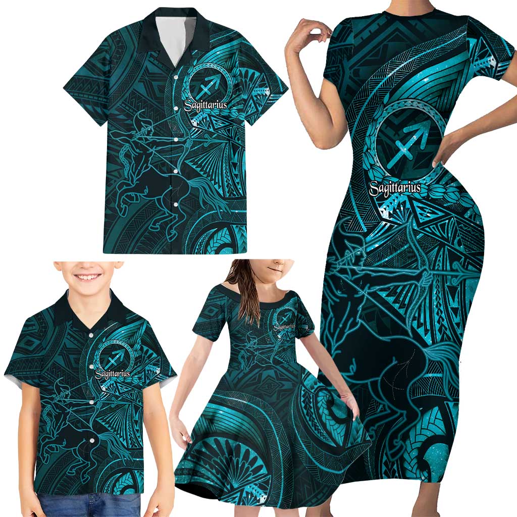 Personalised Polynesia Zodiac Sagittarius Family Matching Short Sleeve Bodycon Dress and Hawaiian Shirt Galaxy Polynesian Pattern Chest Tattoo Style LT14 - Polynesian Pride