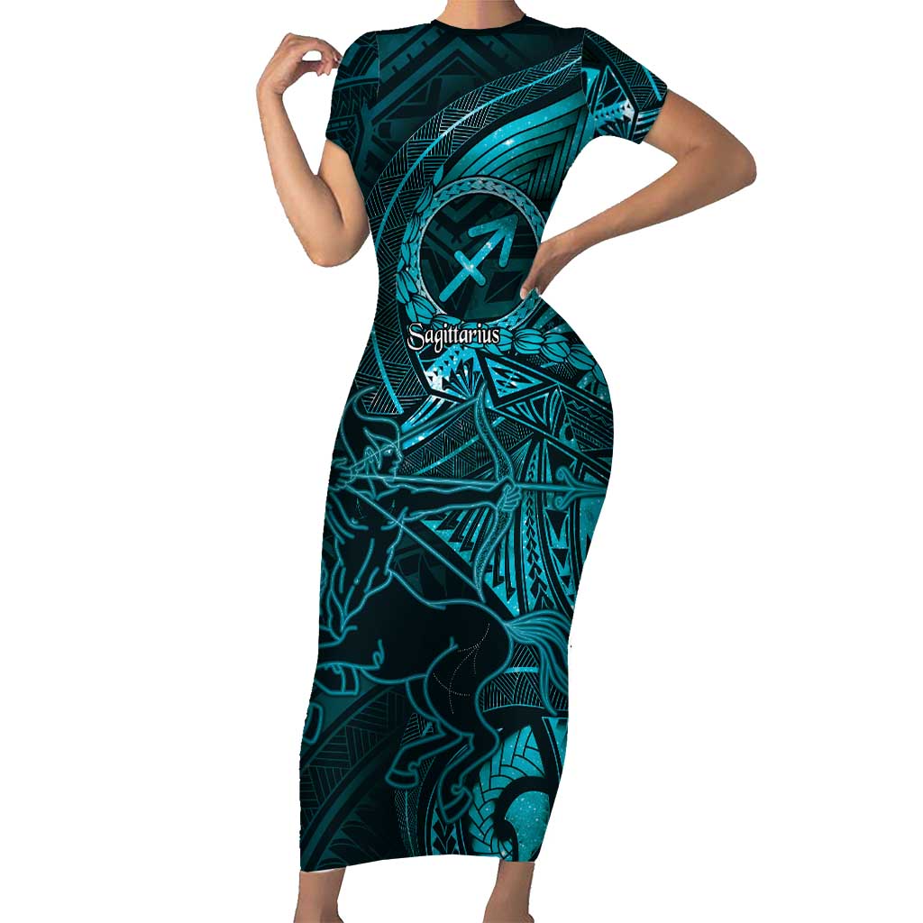 Personalised Polynesia Zodiac Sagittarius Family Matching Short Sleeve Bodycon Dress and Hawaiian Shirt Galaxy Polynesian Pattern Chest Tattoo Style LT14 Mom's Dress Cyan - Polynesian Pride