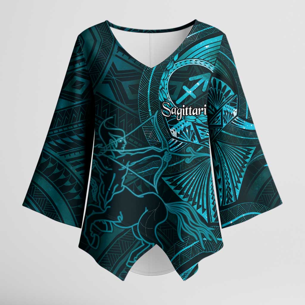 Personalised Polynesia Zodiac Sagittarius Kimono Sleeve Blouse Galaxy Polynesian Pattern Chest Tattoo Style LT14 Female Cyan - Polynesian Pride