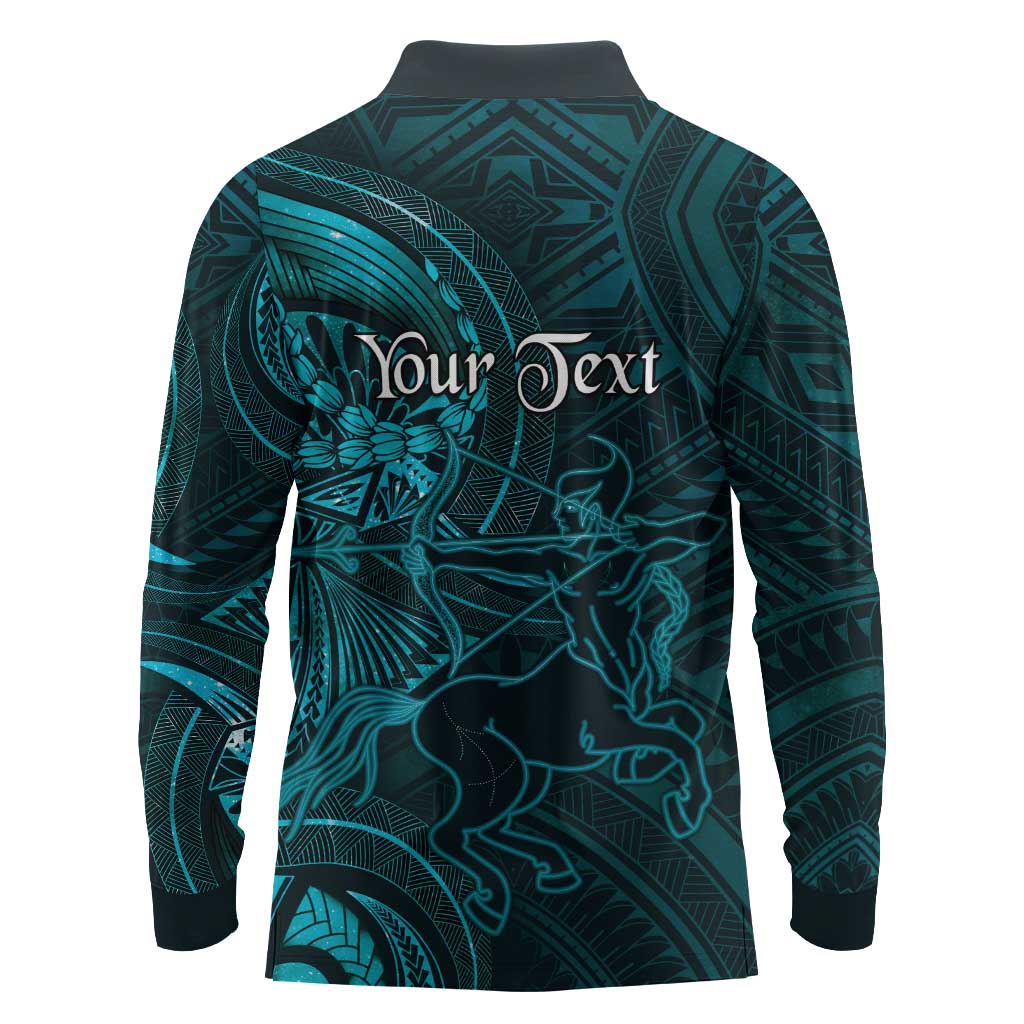 Personalised Polynesia Zodiac Sagittarius Long Sleeve Polo Shirt Galaxy Polynesian Pattern Chest Tattoo Style