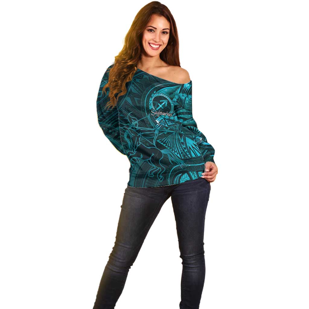 Personalised Polynesia Zodiac Sagittarius Off Shoulder Sweater Galaxy Polynesian Pattern Chest Tattoo Style