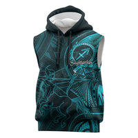 Personalised Polynesia Zodiac Sagittarius Sleeveless Hoodie Galaxy Polynesian Pattern Chest Tattoo Style LT14 Cyan - Polynesian Pride