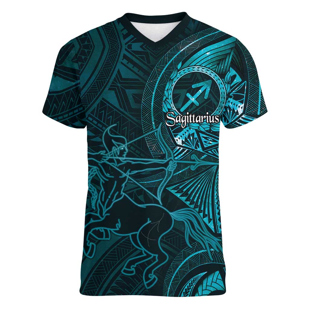 Personalised Polynesia Zodiac Sagittarius Women V-Neck T-Shirt Galaxy Polynesian Pattern Chest Tattoo Style