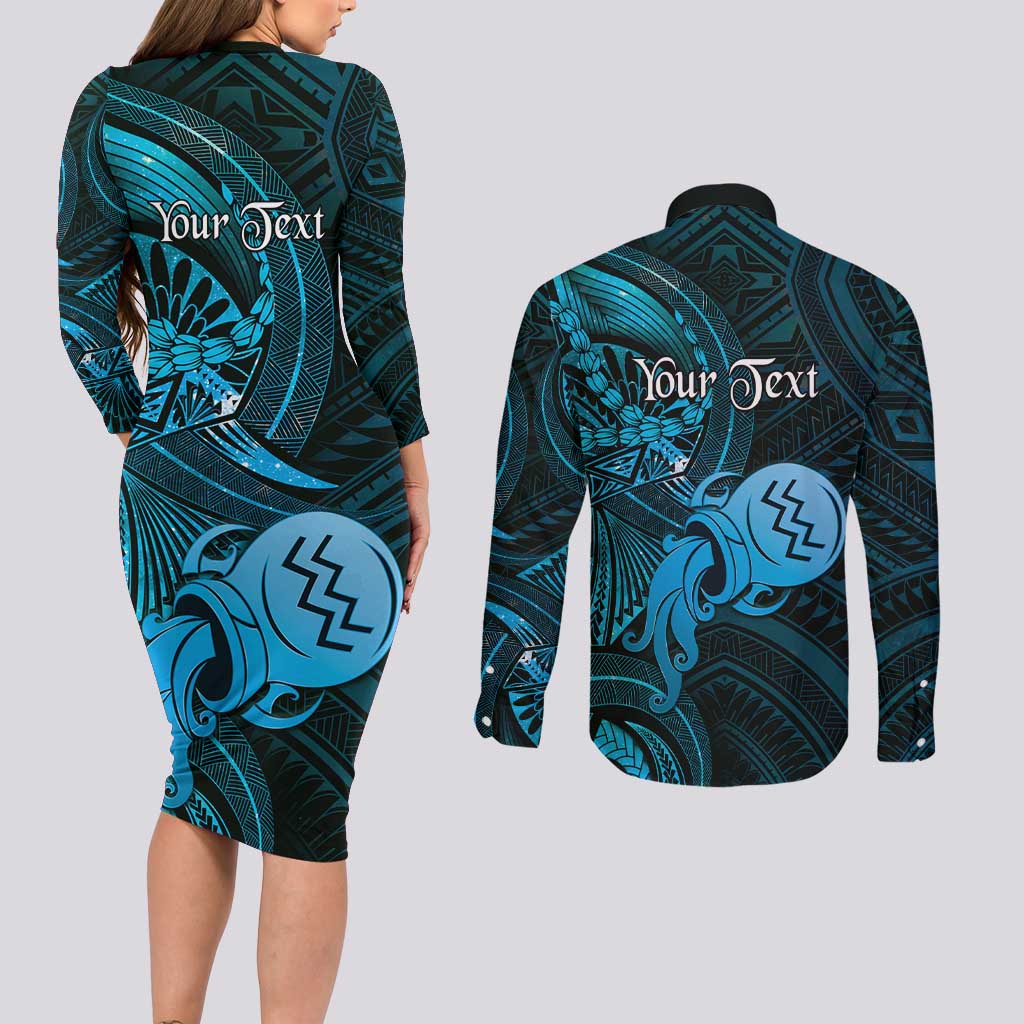 Personalised Polynesia Zodiac Aquarius Couples Matching Long Sleeve Bodycon Dress and Long Sleeve Button Shirt Galaxy Polynesian Pattern Chest Tattoo Style