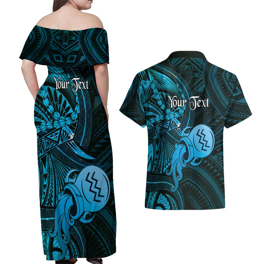 Personalised Polynesia Zodiac Aquarius Couples Matching Off Shoulder Maxi Dress and Hawaiian Shirt Galaxy Polynesian Pattern Chest Tattoo Style