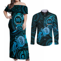 Personalised Polynesia Zodiac Aquarius Couples Matching Off Shoulder Maxi Dress and Long Sleeve Button Shirt Galaxy Polynesian Pattern Chest Tattoo Style